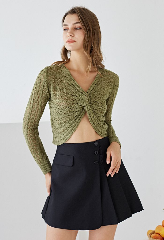 Hollow Out Knot Front Crop Knit Top in Moss Green