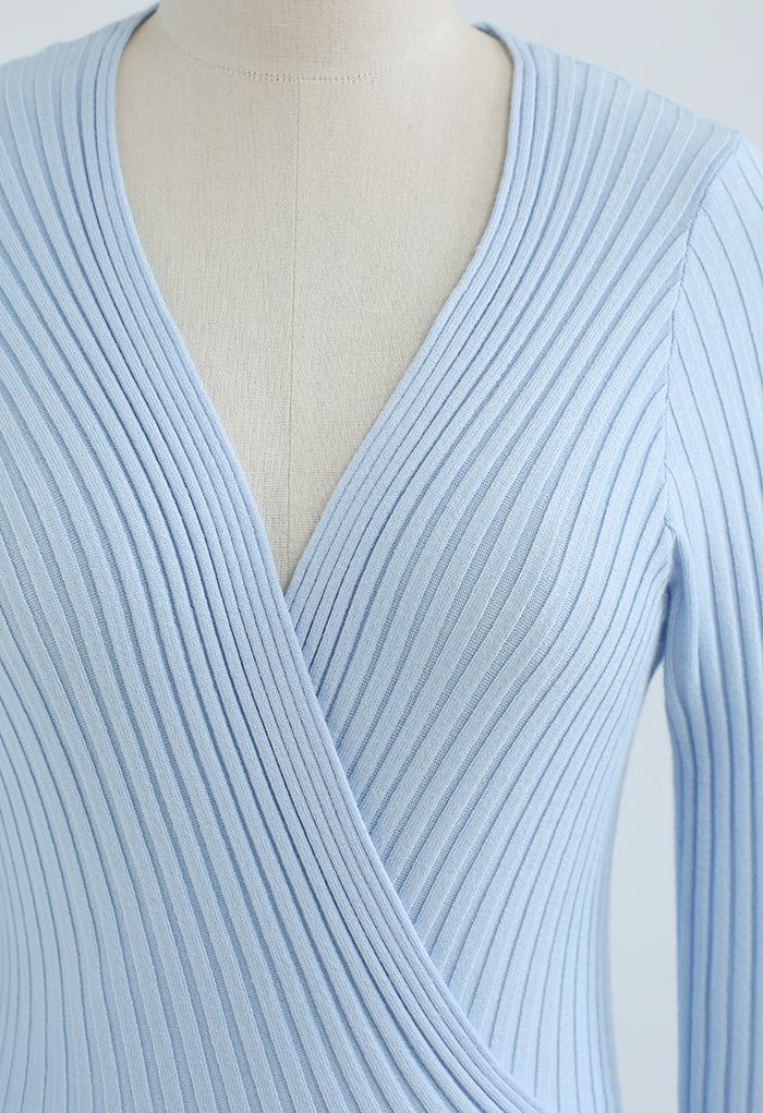 Soft Knit Contrast Hem Wrap Midi Dress in Baby Blue