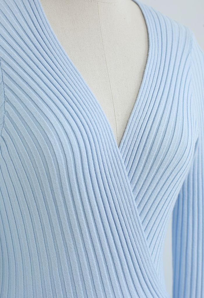 Soft Knit Contrast Hem Wrap Midi Dress in Baby Blue