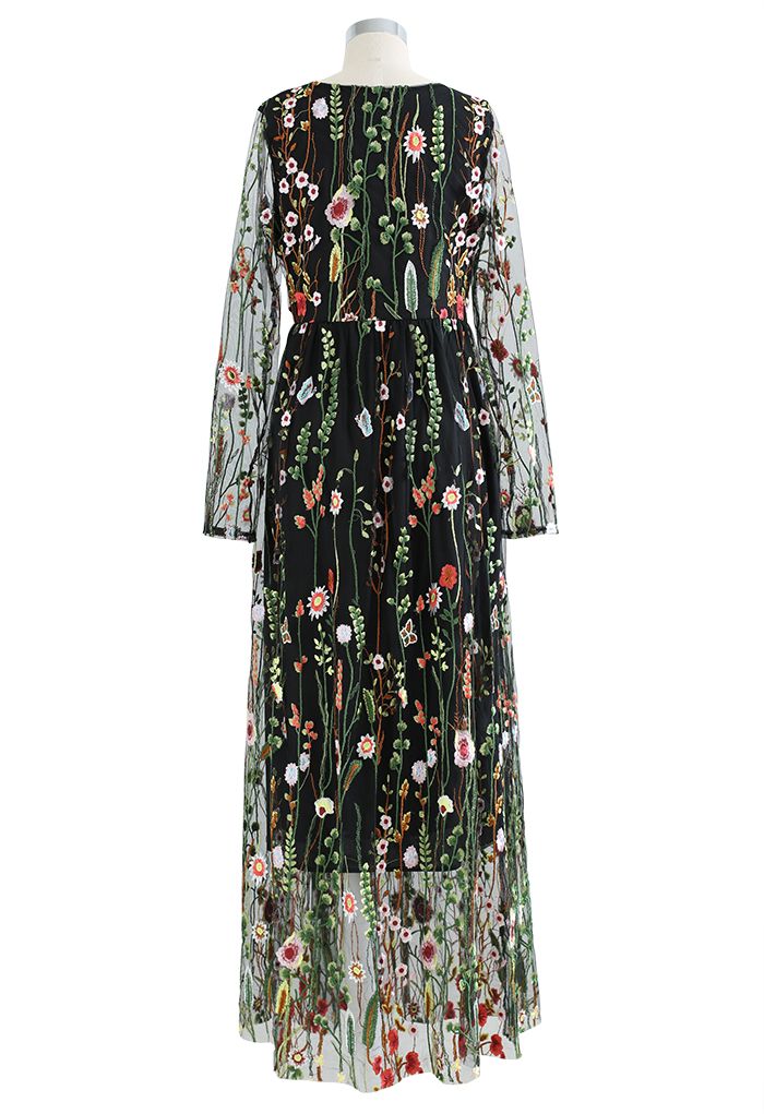 Lost in Flowering Fields Embroidered Mesh Maxi Dress in Black