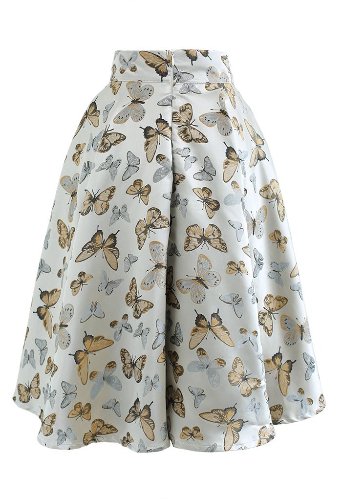 Butterfly Jacquard A-Line Midi Skirt in Silver