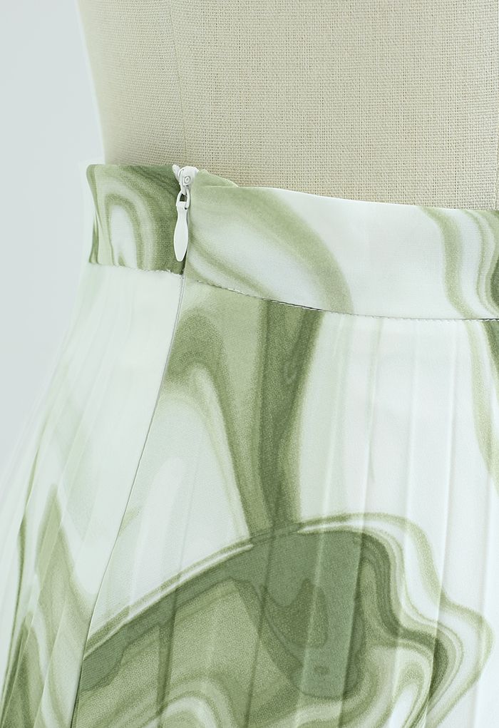 Watercolor Swirl Print Pleated Midi Skirt in Green