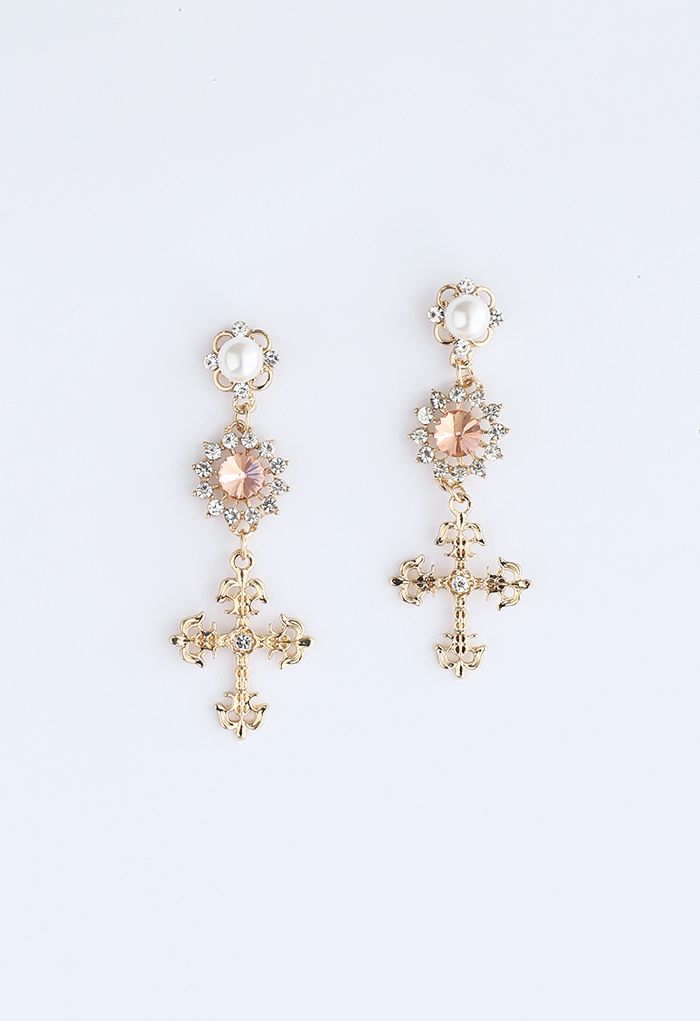 Cross Crystal and Pearl Decorated Drop Earrings