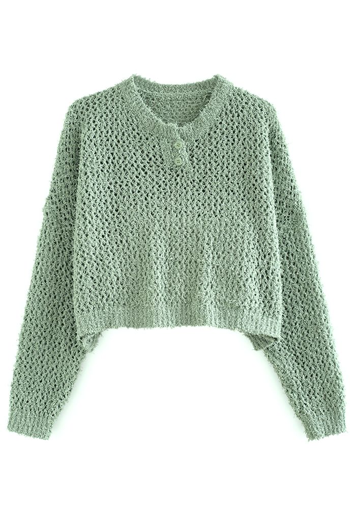 Buttoned Hollow Out Knit Crop Top in Sage