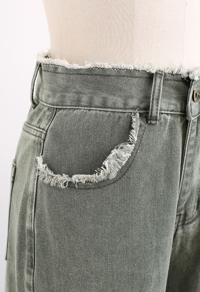 Tassel Trim Washed Wide-Leg Jeans in Sage - Retro, Indie and Unique Fashion