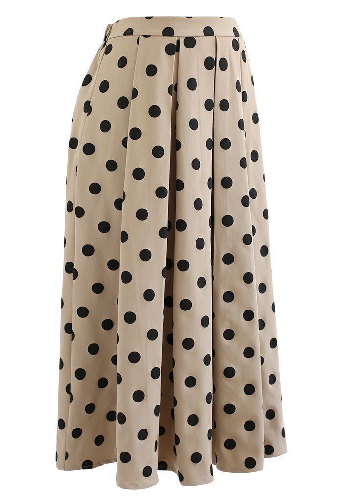 Polka Dot Pleated Midi Skirt in Khaki - Retro, Indie and Unique Fashion