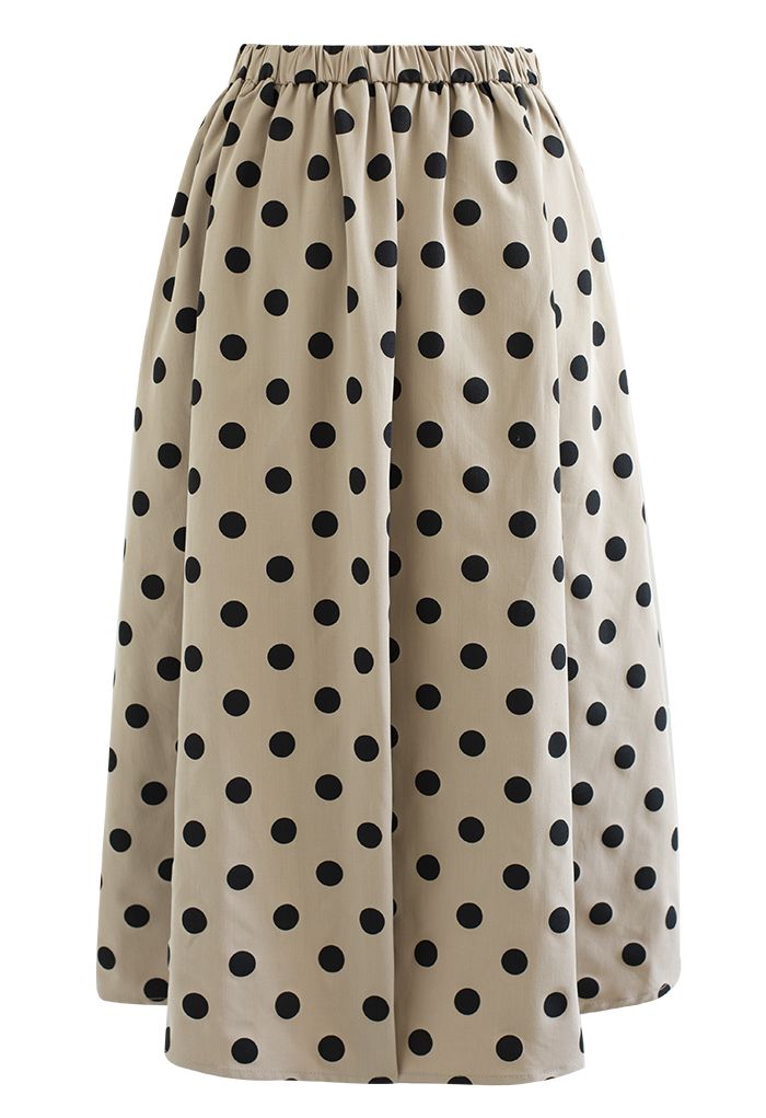 Polka Dot Pleated Midi Skirt in Khaki - Retro, Indie and Unique Fashion