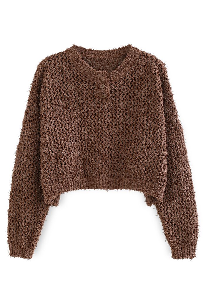 Buttoned Hollow Out Knit Crop Top in Brown