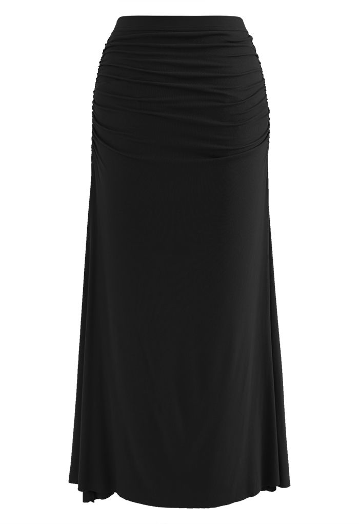 High Waist Ruched Detail Maxi Skirt in Black - Retro, Indie and Unique ...