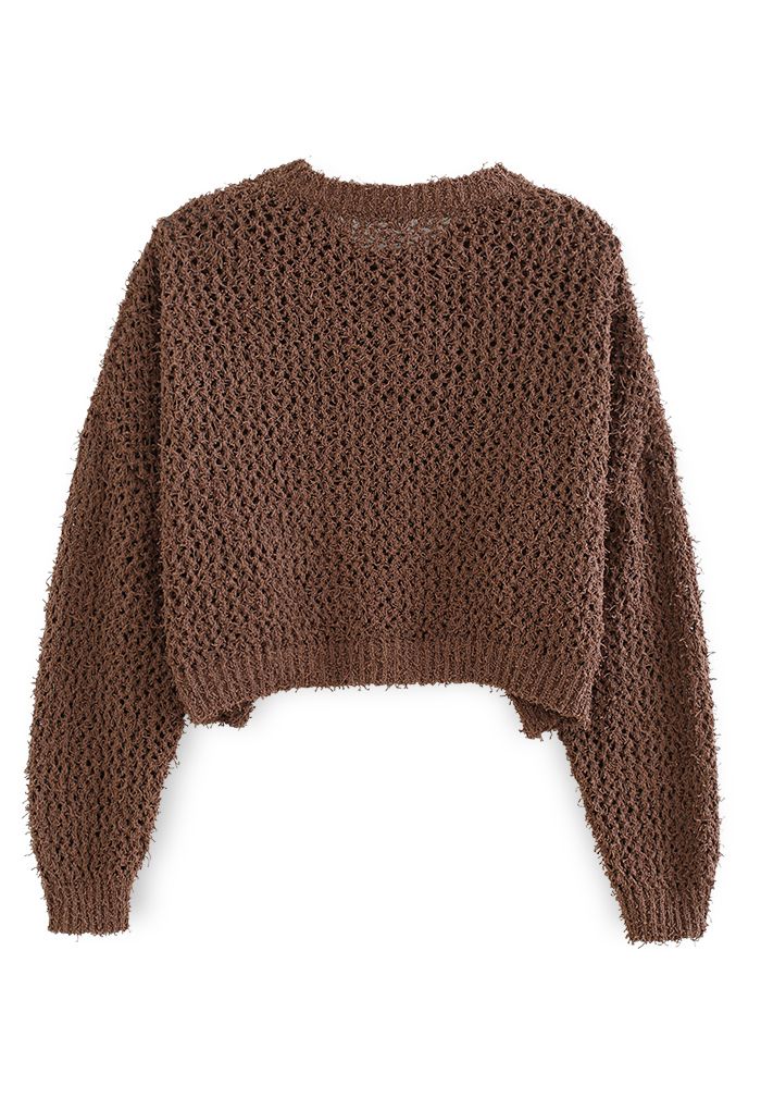 Buttoned Hollow Out Knit Crop Top in Brown
