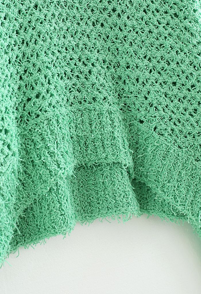 Hollow Out Asymmetric Hem Knit Crop Top in Green