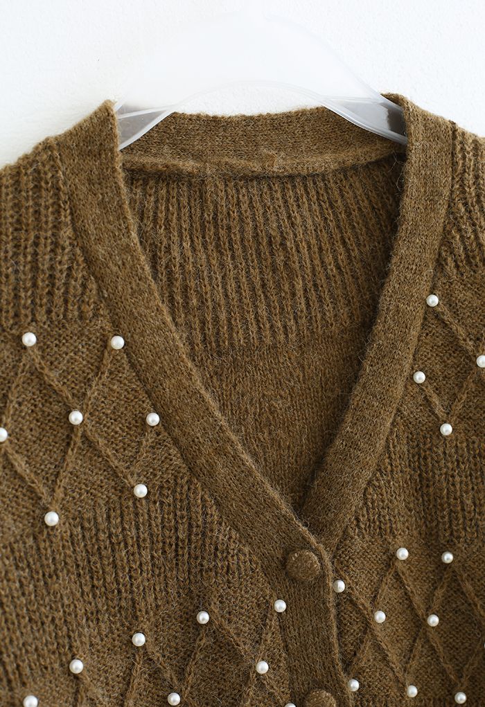 Diamond Texture Pearl Decor Knit Cardigan in Brown
