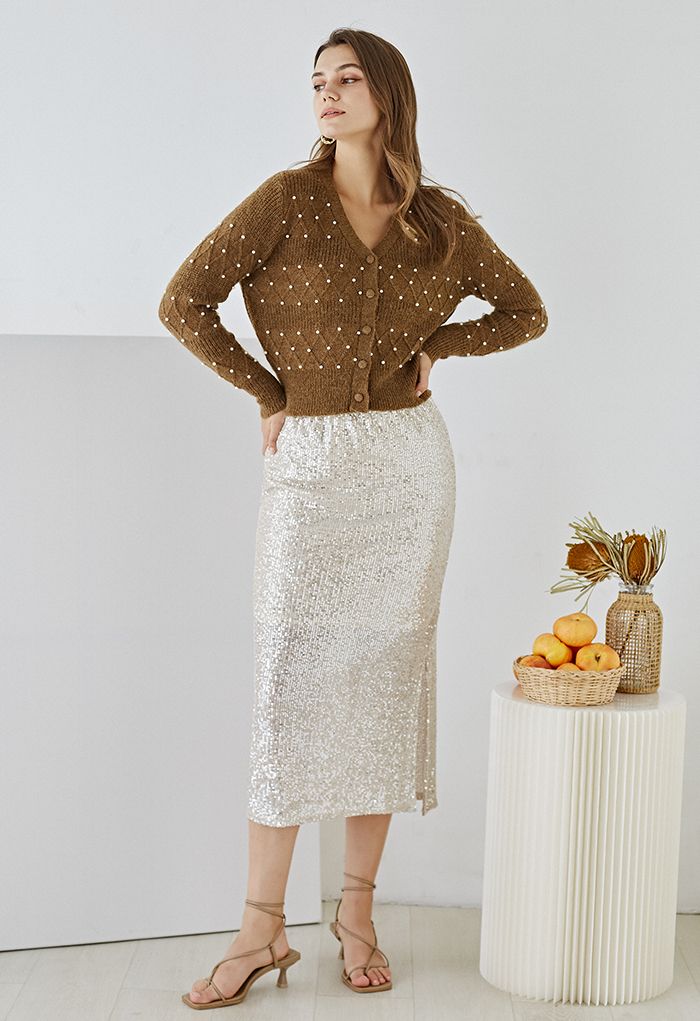 Glittery Sequin Slit Pencil Skirt in Cream