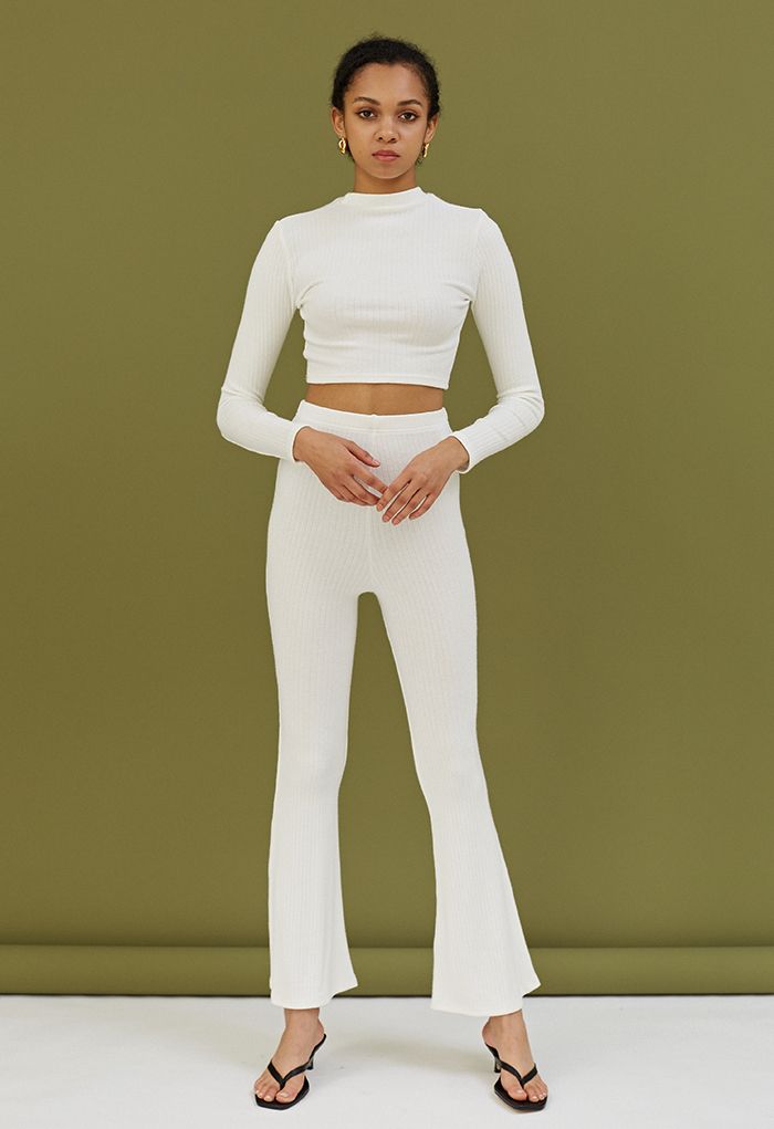 Trendy Soft Crop Top and Flare Pants Set in White