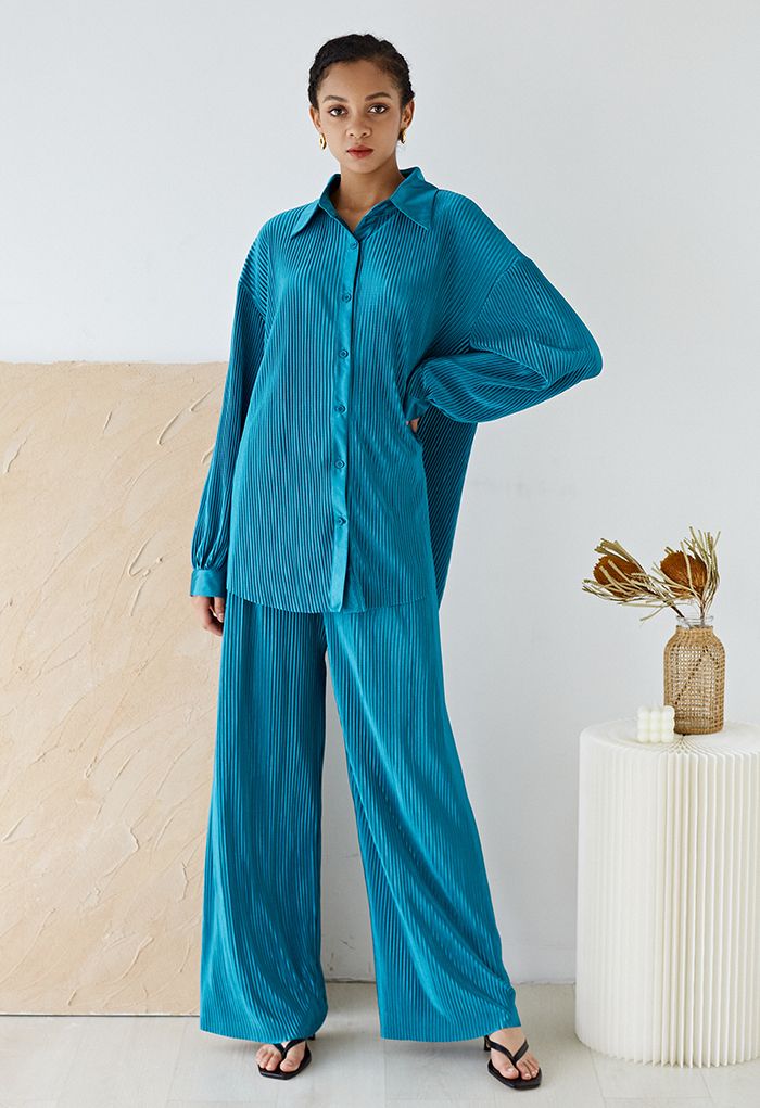 Full Pleated Plisse Shirt and Pants Set in Teal - Retro, Indie and ...