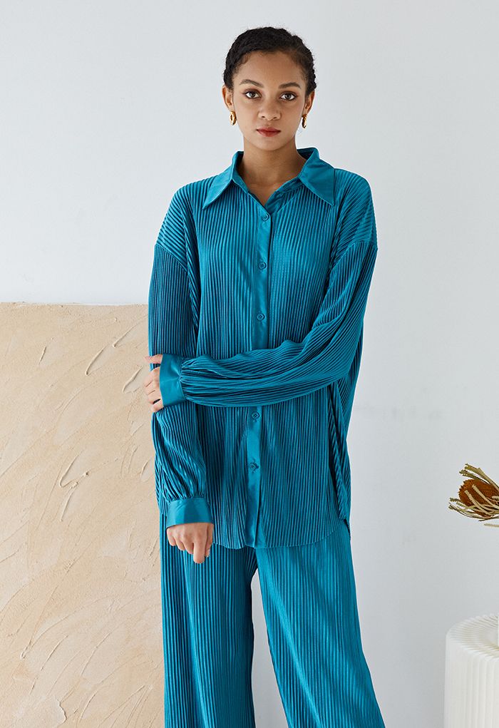Full Pleated Plisse Shirt and Pants Set in Teal - Retro, Indie and ...