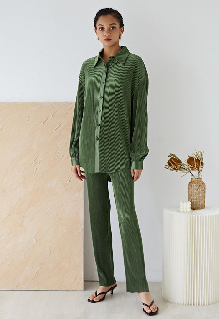 Full Pleated Plisse Shirt and Pants Set in Army Green