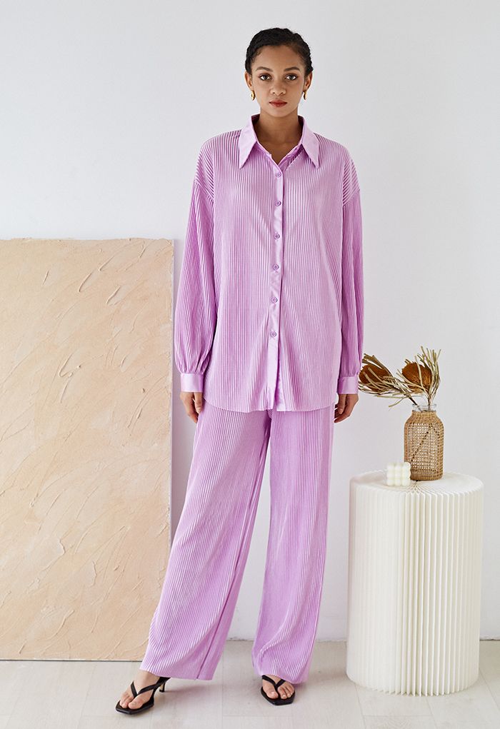 Full Pleated Plisse Shirt and Pants Set in Lilac - Retro, Indie and ...