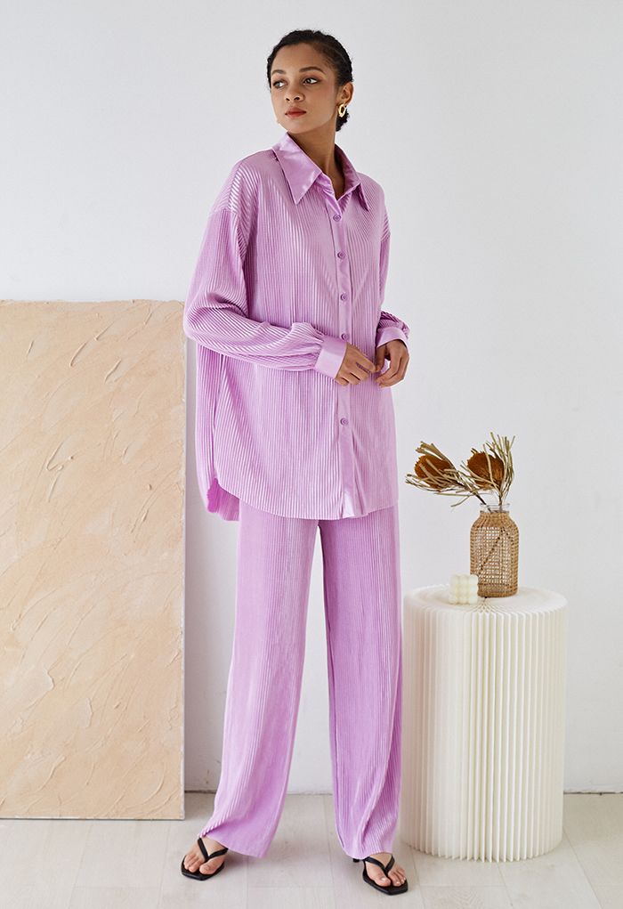 Full Pleated Plisse Shirt and Pants Set in Lilac - Retro, Indie and ...