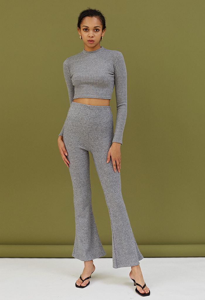 Trendy Soft Crop Top and Flare Pants Set in Grey - Retro, Indie