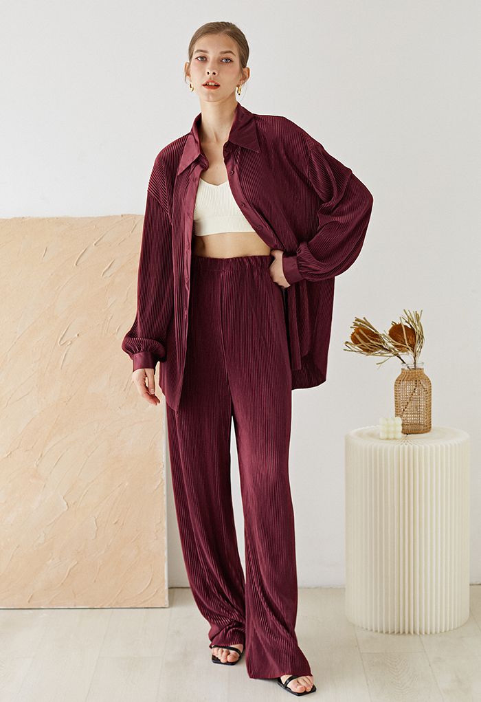 Full Pleated Plisse Shirt and Pants Set in Burgundy - Retro, Indie