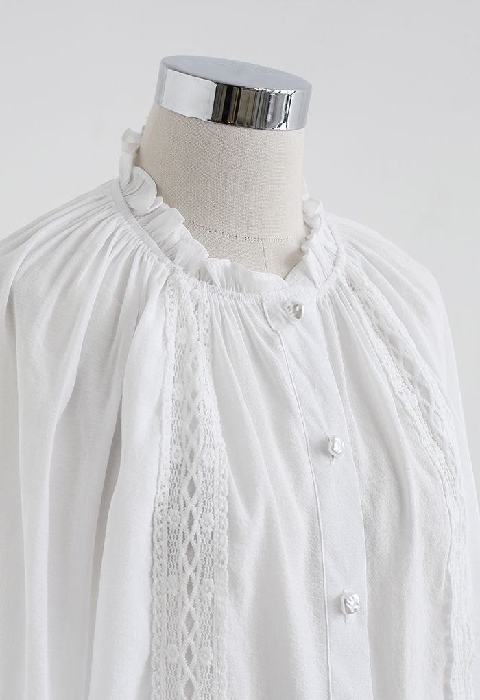 Crochet Trim Puff Sleeves Slouchy Shirt in White - Retro, Indie and ...