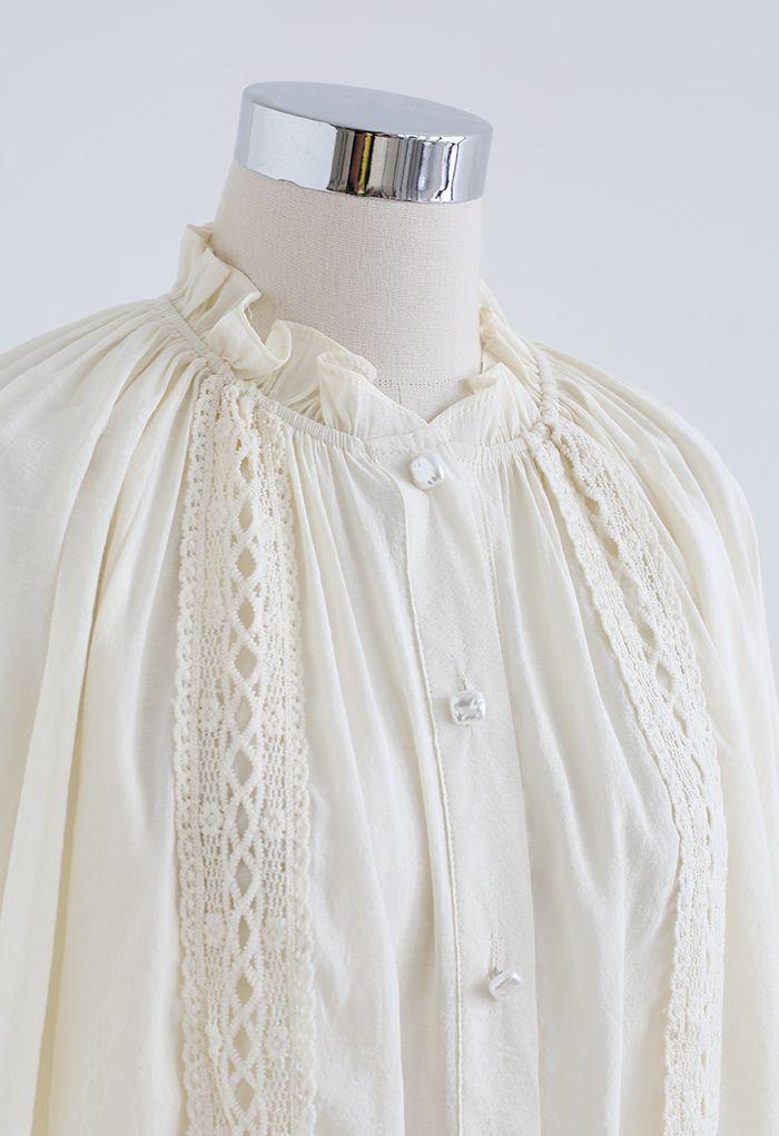 Crochet Trim Puff Sleeves Slouchy Shirt in Cream