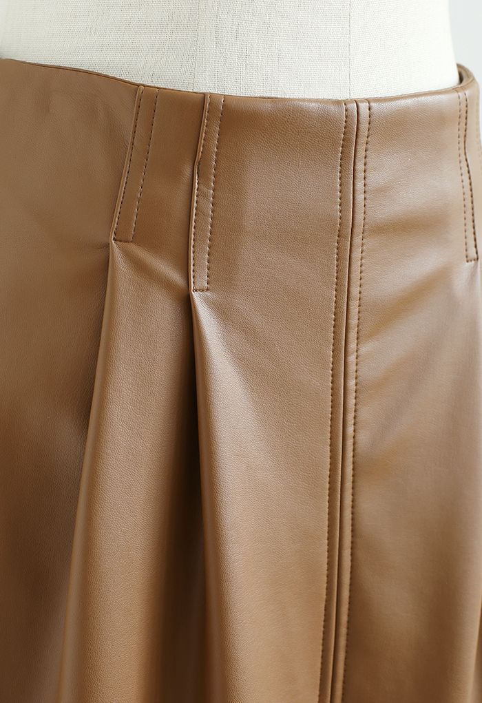 Faux Leather Slit Hem Midi Skirt in Tan