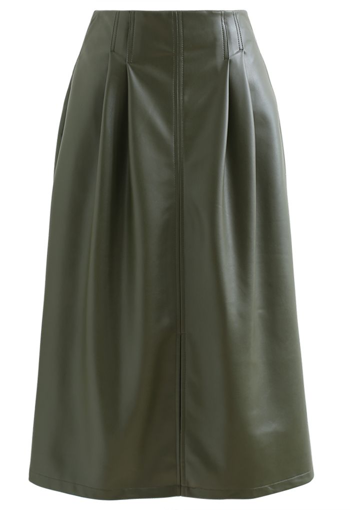 Faux Leather Slit Hem Midi Skirt in Dark Green - Retro, Indie and ...