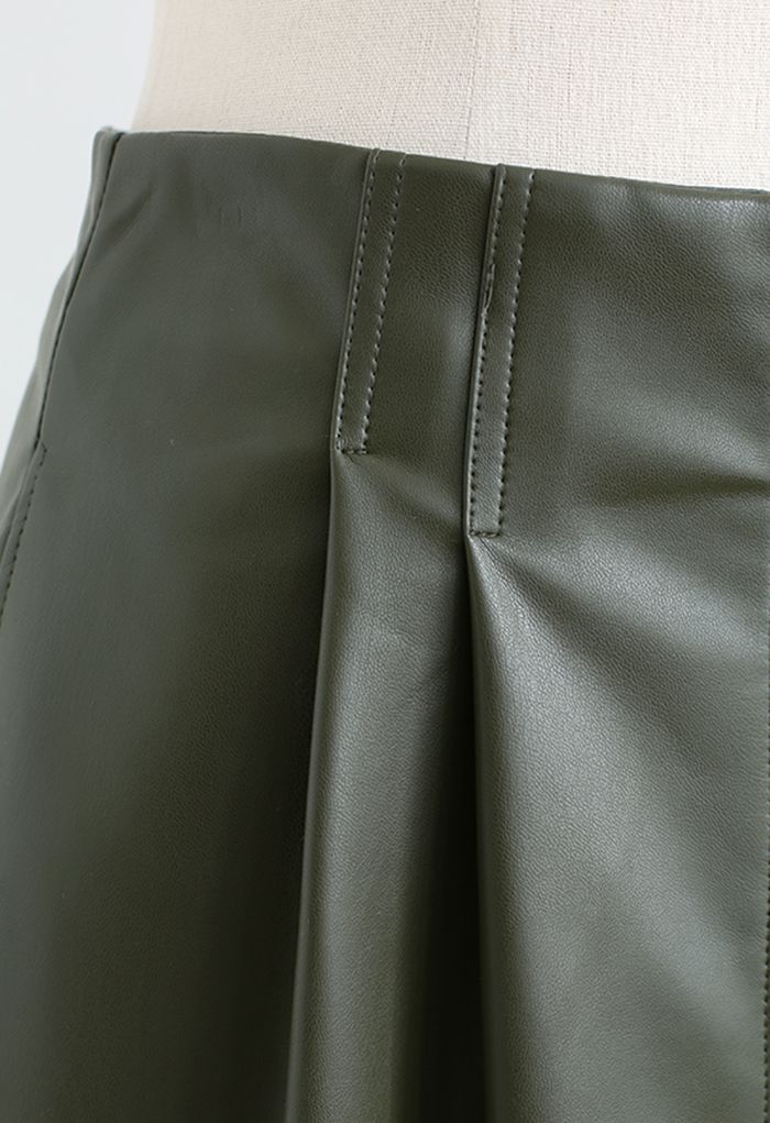Faux Leather Slit Hem Midi Skirt in Dark Green