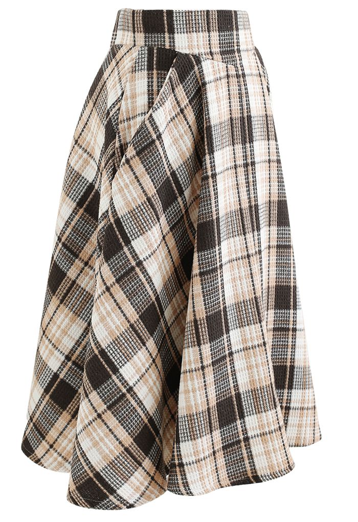 Plaid Tweed High-Waist A-Line Midi Skirt