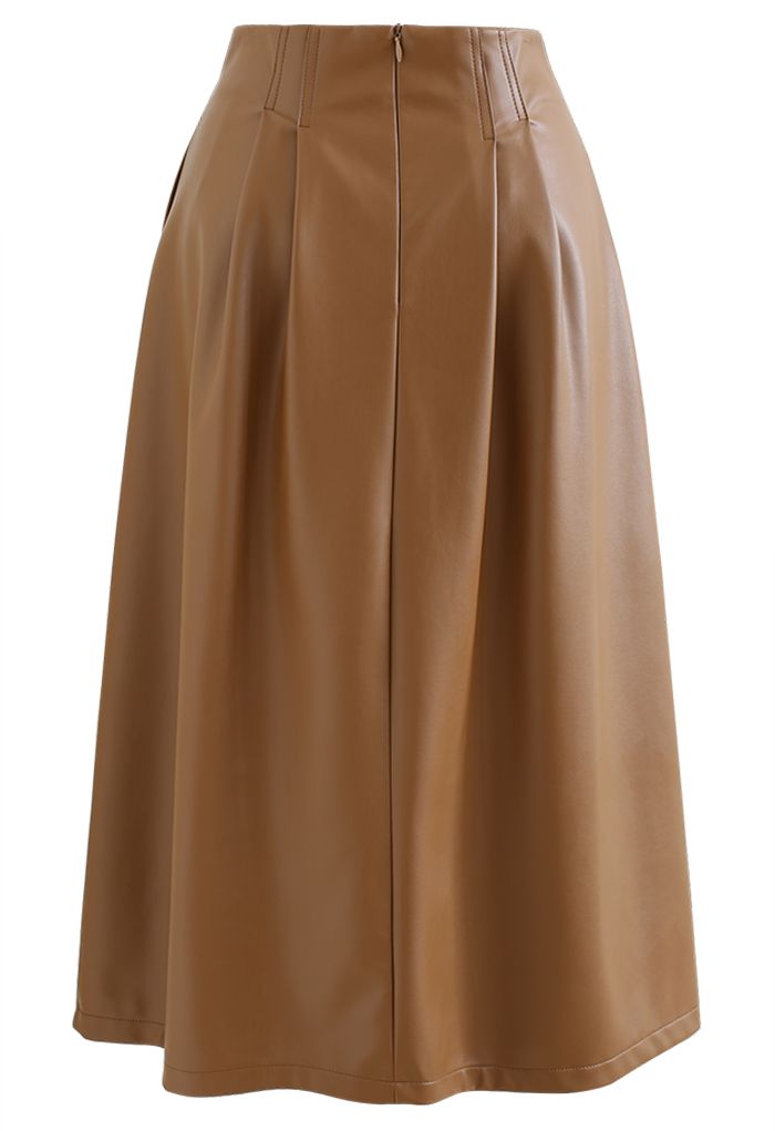 Faux Leather Slit Hem Midi Skirt in Tan