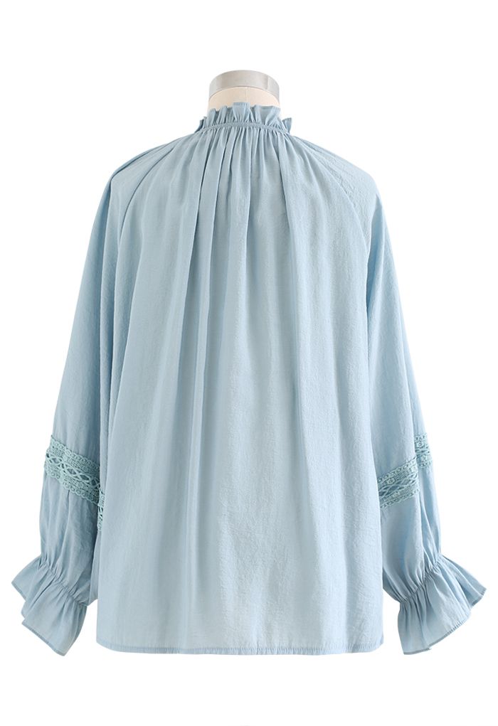 Crochet Trim Puff Sleeves Slouchy Shirt in Blue - Retro, Indie and ...
