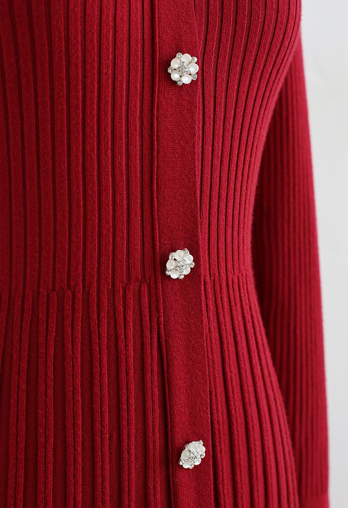 Button Front Ribbed Knit A-line Midi Dress in Red