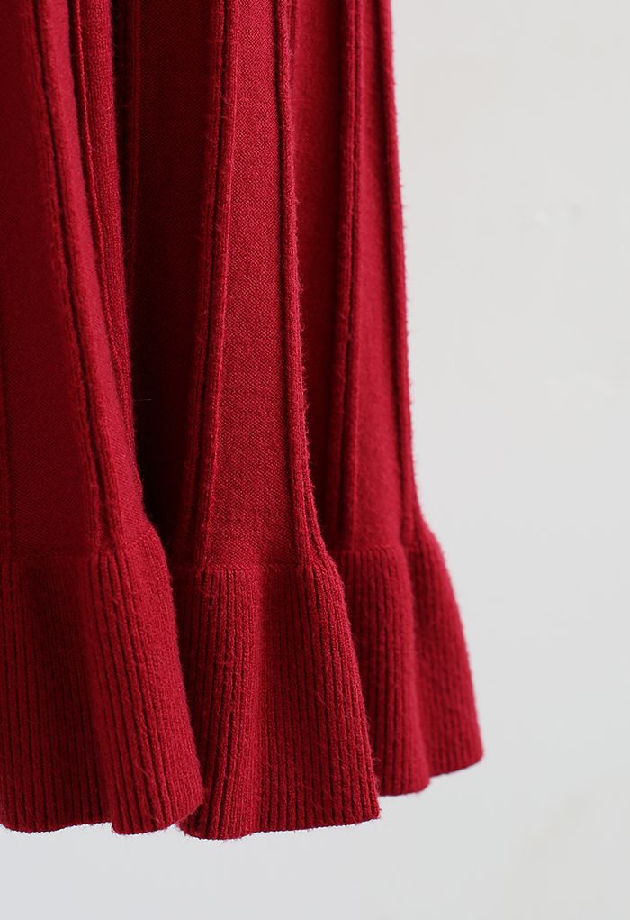 Button Front Ribbed Knit A-line Midi Dress in Red