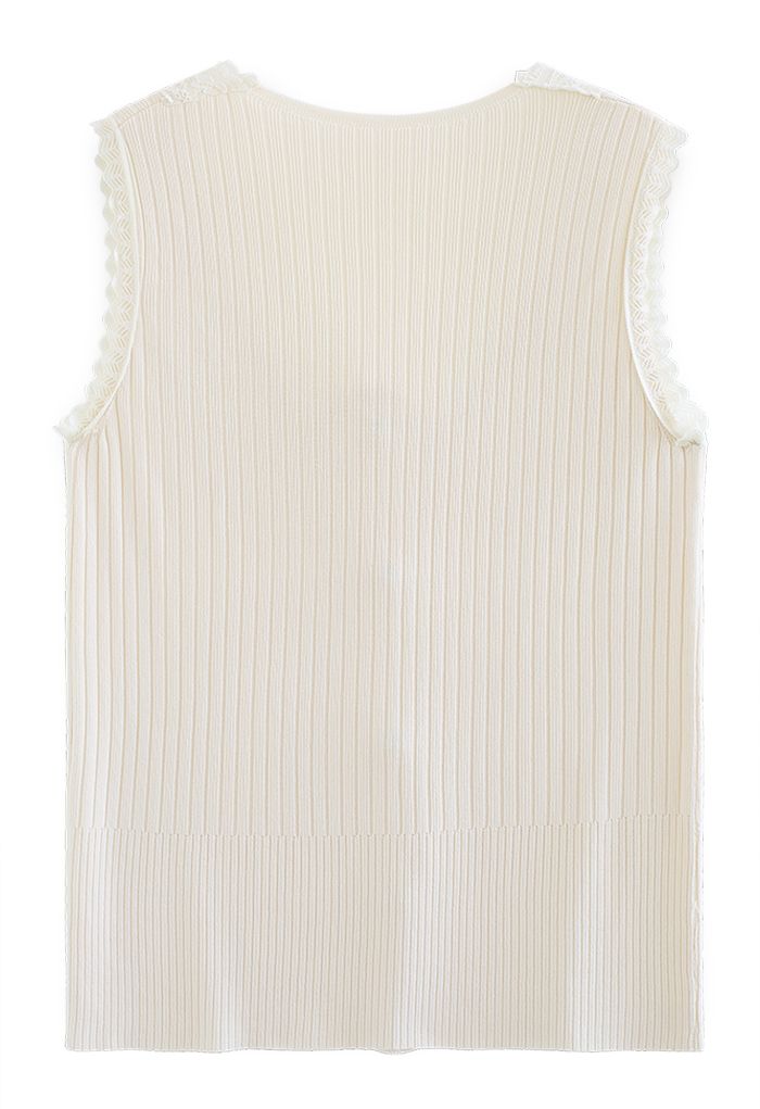 Lacy V-Neck Knit Tank Top in Cream