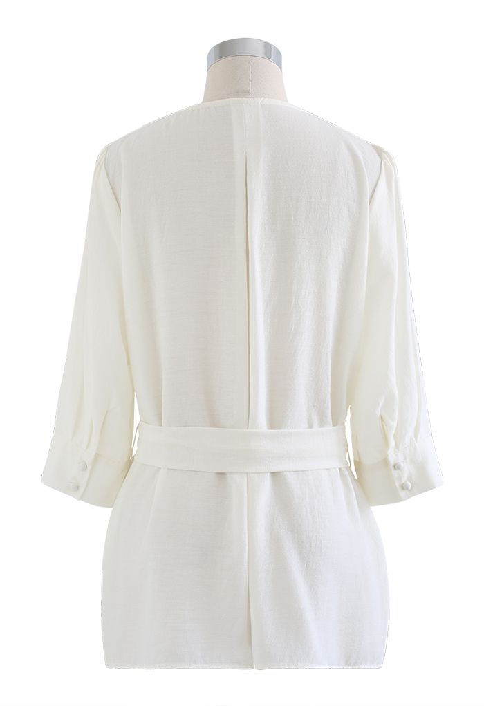 Elbow Sleeve Bowknot Waist Shirt in White