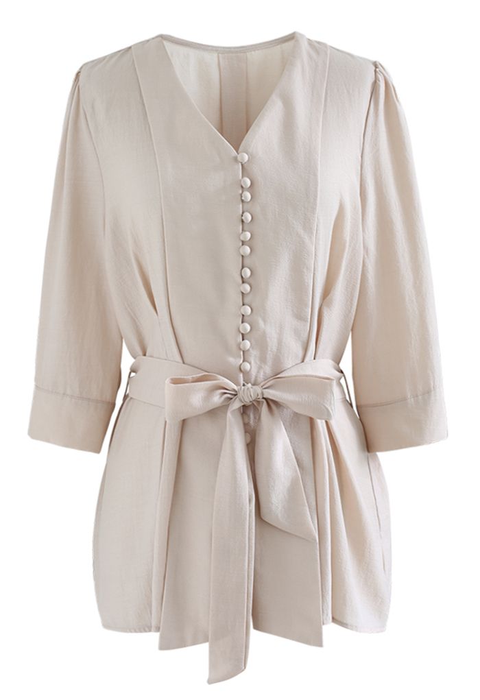 Elbow Sleeve Bowknot Waist Shirt in Champagne