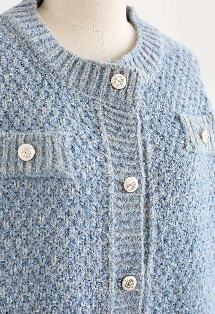 Sequins Trim Mohair Knit Cardigan in Blue