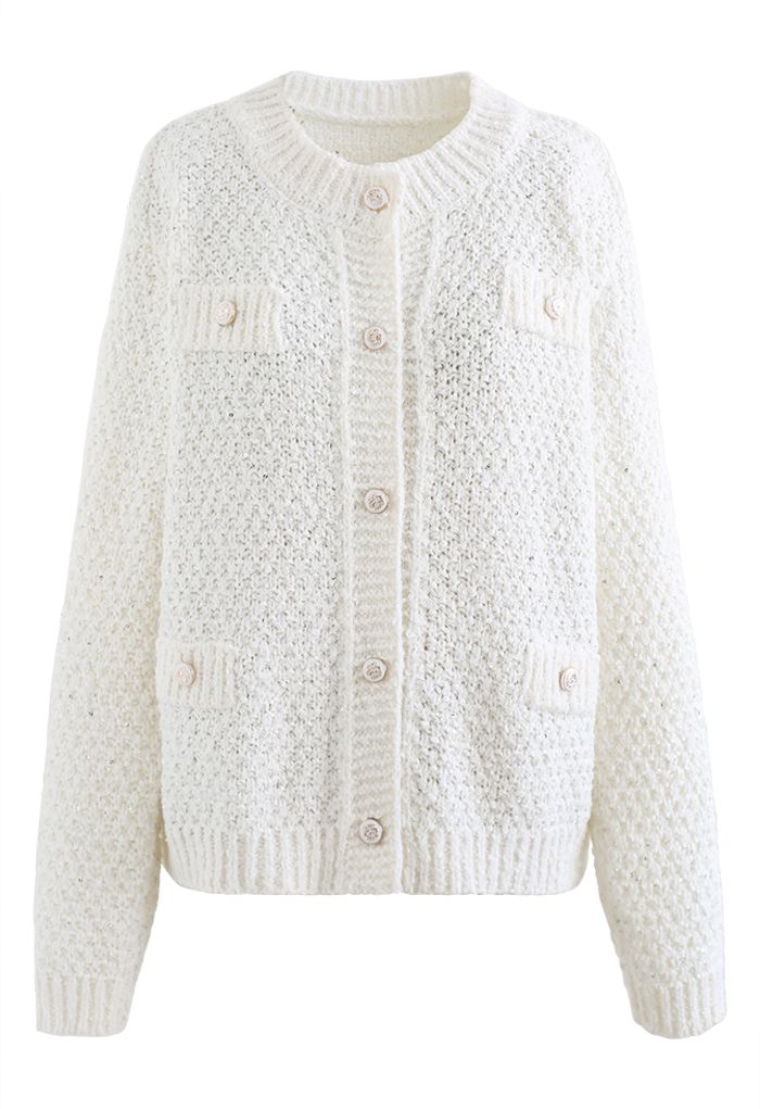 Sequins Trim Mohair Knit Cardigan in White