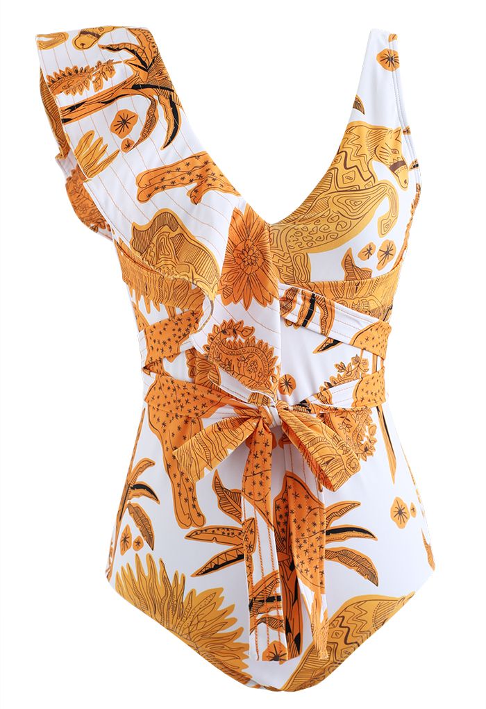 Egyptian Pattern Ruffle Trim Golden Swimsuit