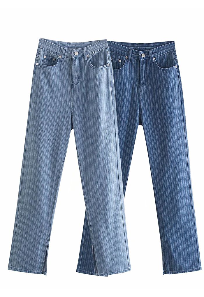Striped Side Slit Straight Leg Jeans in Dark Blue