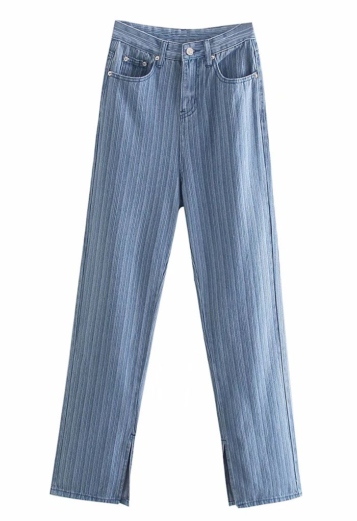 Striped Side Slit Straight Leg Jeans in Light Blue