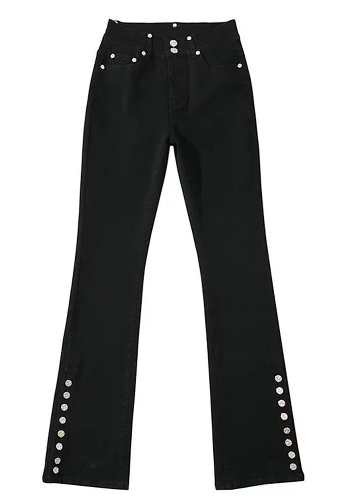 High Waist Button Trim Stretchy Jeans in Black