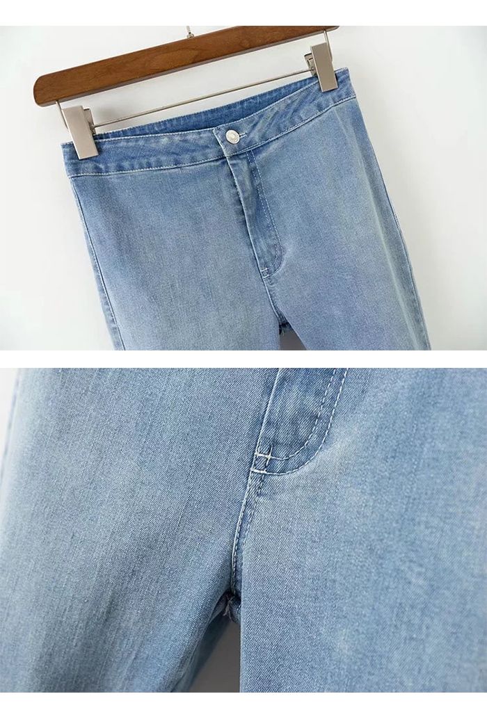 Stretchy Raw Hem Flare Jeans in Light Blue