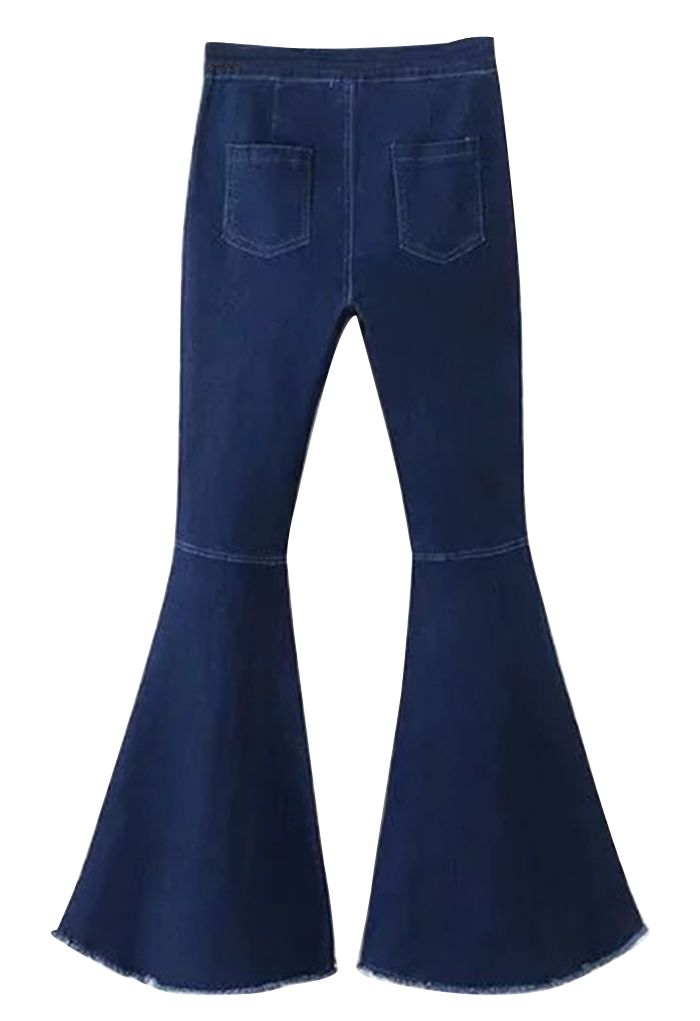 Stretchy Raw Hem Flare Jeans in Dark Blue - Retro, Indie and Unique Fashion
