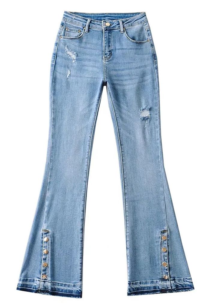 Buttoned Hem Ripped Flare Jeans - Retro, Indie and Unique Fashion