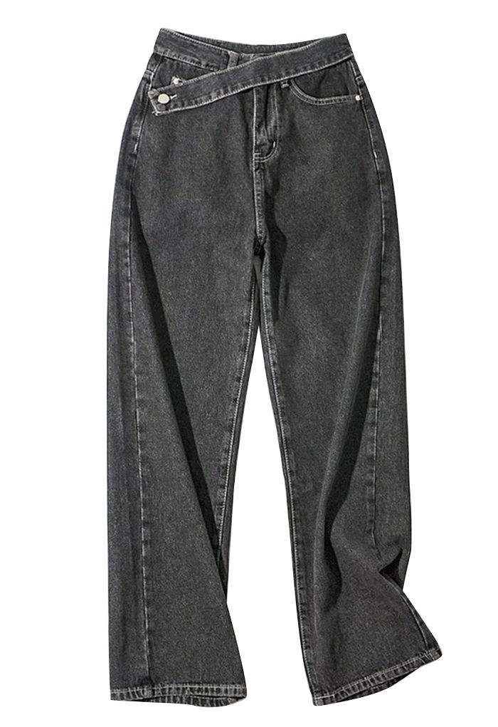 Side Button Wide Leg Jeans in Smoke - Retro, Indie and Unique Fashion