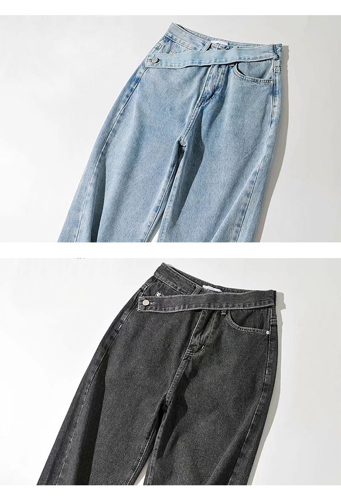 Side Button Wide Leg Jeans in Smoke - Retro, Indie and Unique Fashion