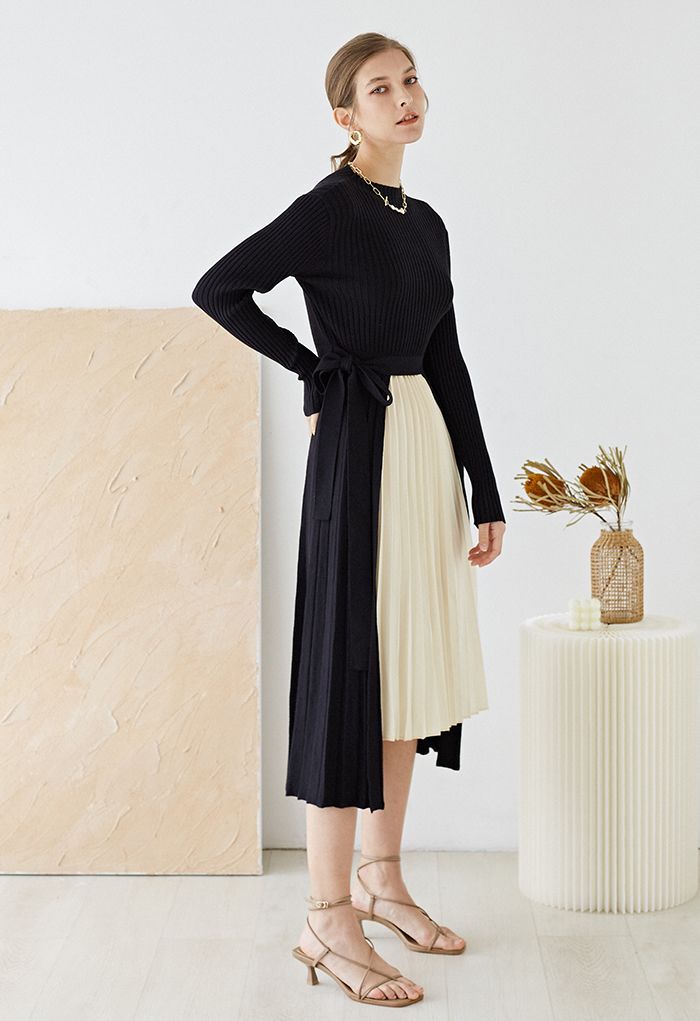 Front Pleats Splicing Belted Hi-Lo Knit Dress in Black - Retro